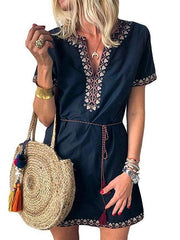 Loose Bohemia Women Fashion V neck Short Sleeve Shift Dresses