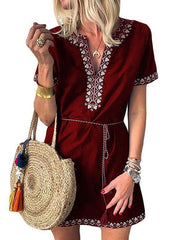 Loose Bohemia Women Fashion V neck Short Sleeve Shift Dresses
