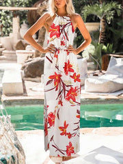 Stylish chiffon vacation band neck printed maxi dresses