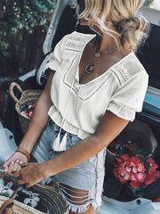 lace shirt v-neck fringe t-shirt