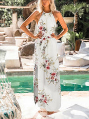 Stylish chiffon vacation band neck printed maxi dresses
