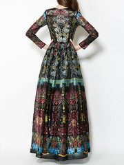 Long Sleeve Round Neck Black Printed Chiffon Maxi Long Dress Evening Dress