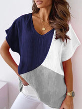 Summer color matching cotton blend short sleeve V-neck shirt T-shirt tops