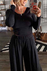 Two-Piece Round Neck Solid Color Long Sleeves Wide Legs