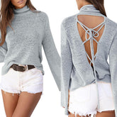 High Neck Cross Straps Back Hole Plain Batwing Sleeve Sweaters