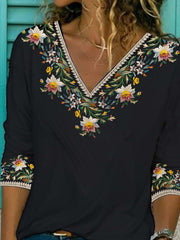 Floral Half Sleeve Printed Cotton-blend V neck Vintage Summer Black Top