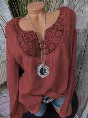 Long-sleeved V-neck Lace Patchwork Loose Blouse