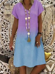 Fashionable v-neck Short sleeve gradient printed shift dresses