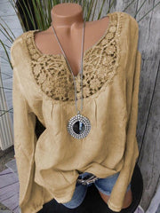 Long-sleeved V-neck Lace Patchwork Loose Blouse