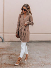 V Neck Belt Plain Outerwear Woman Fashion Coat
