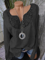 Long-sleeved V-neck Lace Patchwork Loose Blouse