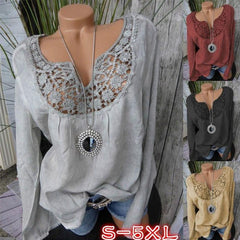 Long-sleeved V-neck Lace Patchwork Loose Blouse