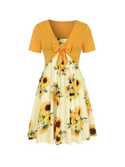 Two pieces bowknot small coat floral printed vacation dresses