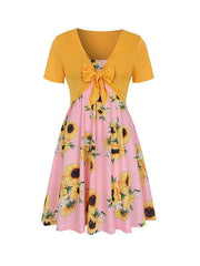 Two pieces bowknot small coat floral printed vacation dresses