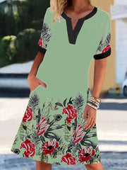 Leaf Short Sleeve A-Line Printed Dresses