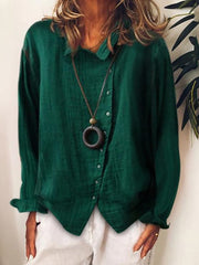 Ladies plus size loose pure color cotton linen long sleeve blouses