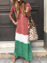 Loose patchwork short sleeve printed v-neck maxi dresses