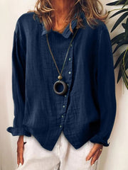 Ladies plus size loose pure color cotton linen long sleeve blouses