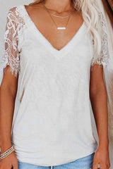Florcoo New Women's Lace Short Sleeve V-Neck Tops T-shirts