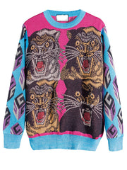 Tiger Print Knitted Round Collar Woman Sweater