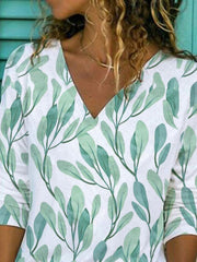 Green Leaves Printed Casual V Neck Long Sleeve Shift Shirts & Tops