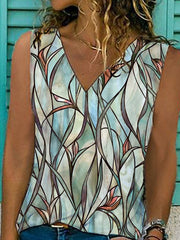 Floral Sleeveless Printed Cotton-blend V neck Vintage Summer Green Top