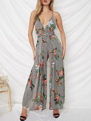 Floral Spaghetti-neck Split Backless Wide Leg Long Jumpsuits