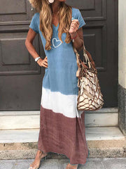 Loose patchwork short sleeve printed v-neck maxi dresses