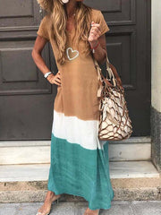 Loose patchwork short sleeve printed v-neck maxi dresses