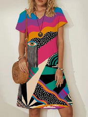 Fashion V-neck Printed Short Sleeve Abstract Dresses