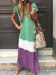 Loose patchwork short sleeve printed v-neck maxi dresses
