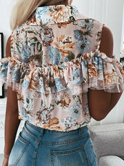 Fashion Women Turn down neck Ruffle off shoulder floral printed blouses