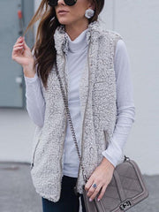 Two Colors Faux Fur Collar Zipper Plain Woman Vests