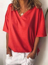 Loose Casual Plus Size Women V CollarPlain T-shirts