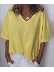 Loose Casual Plus Size Women V CollarPlain T-shirts