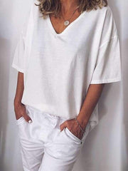 Loose Casual Plus Size Women V CollarPlain T-shirts