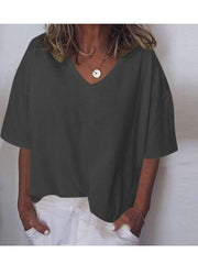 Loose Casual Plus Size Women V CollarPlain T-shirts
