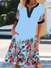 Leaf Short Sleeve A-Line Printed Dresses
