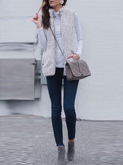 Two Colors Faux Fur Collar Zipper Plain Woman Vests