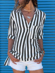 Lapel Pocket Striped Long Sleeve plus size Blouses