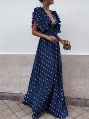 Flap-sleeve v-neck halter wave pot maxi dresses