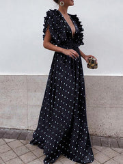 Flap-sleeve v-neck halter wave pot maxi dresses