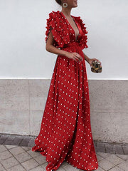 Flap-sleeve v-neck halter wave pot maxi dresses