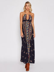 Floral Halterneck Backless Maxi Dresses