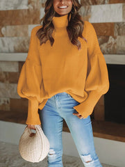 Four Color High Collar Lantern Sleeve Sweater