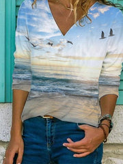 V Neck Casual Landscape Print Shirts & Tops