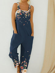 Floral Print Straps Casual Jumpsuit With Pockets For Women