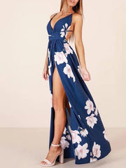 Floral V-Neck Backless Maxi Dresses