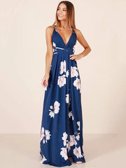 Floral V-Neck Backless Maxi Dresses