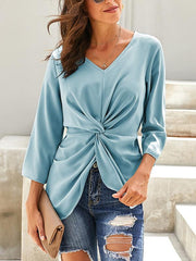 Loose v-neck long sleeve chic Plain T-shirts